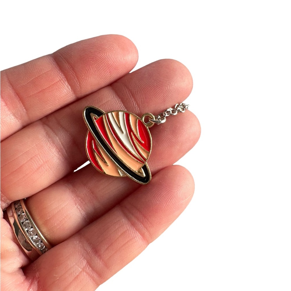 Cartoon Saturn Planet Pendant on Silver Necklace